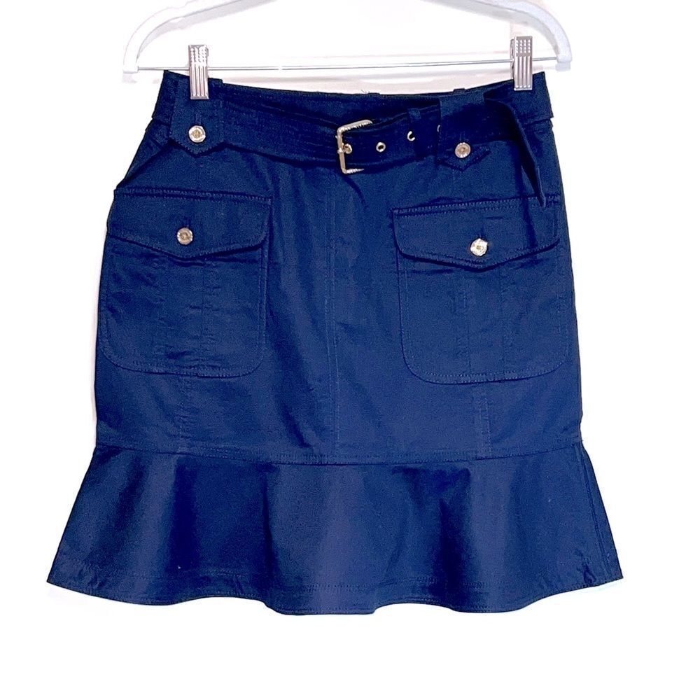 NWOT Tory Burch Dacey Navy Ruffled Stretch Cotton Logo Skirt Sz 4 $295
